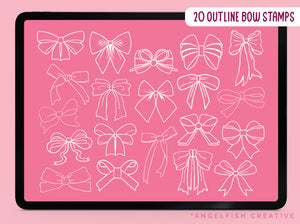 Coquette Bow Procreate Brush Set | 140 Stamp Brushes + 10 Bow Decorator Pattern Brushes, outline bow stamps
