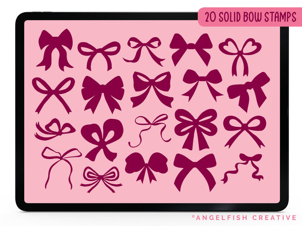 Coquette Bow Procreate Brush Set | 140 Stamp Brushes + 10 Bow Decorator Pattern Brushes, solid bow stamps