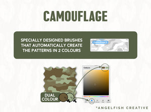 Camouflage Pattern Brushes for Procreate, military army print brush set, dual colour brushes