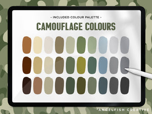 Camouflage Pattern Brushes for Procreate, military army print brush set, colour palette