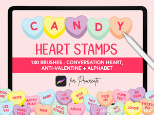 Candy Heart Stamp Brushes for Procreate | 130 Stamps, Conversation Heart, Anti-Valentine, Alphabet, title