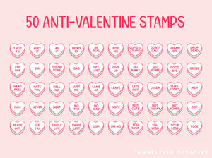Candy Heart Stamp Brushes for Procreate | 130 Stamps, Conversation Heart, Anti-Valentine, Alphabet, anti valentine stamps