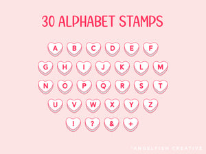 Candy Heart Stamp Brushes for Procreate | 130 Stamps, Conversation Heart, Anti-Valentine, Alphabet, alphabet letter stamps