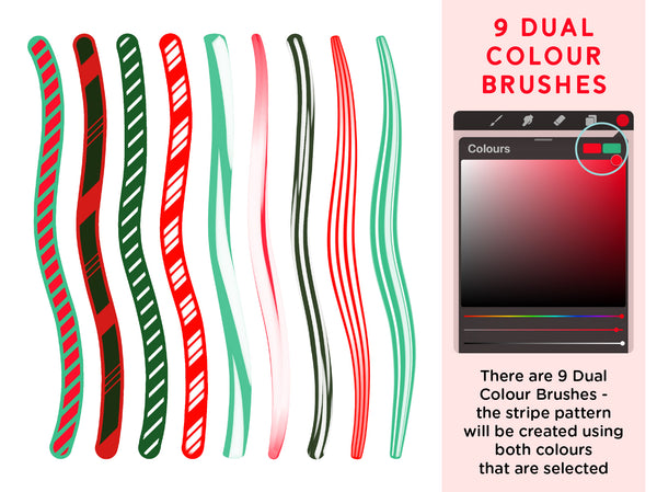 Candy Cane Procreate Brush Set | Stripe Monoline Calligraphy Pattern Brushes, dual colour brushes