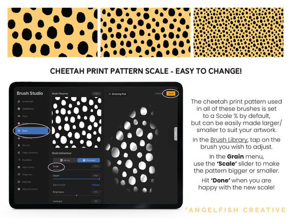 Cheetah Print Brush Set for Procreate | 6 Cheetah Animal Print Brushes, pattern scale easy to change instructions