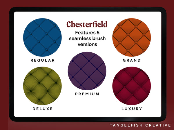 Chesterfield Brush Set for Procreate | 5 Luxury Pillow Buttoned Cushioned Quilted Fabric Seamless Pattern Brushes, brush versions