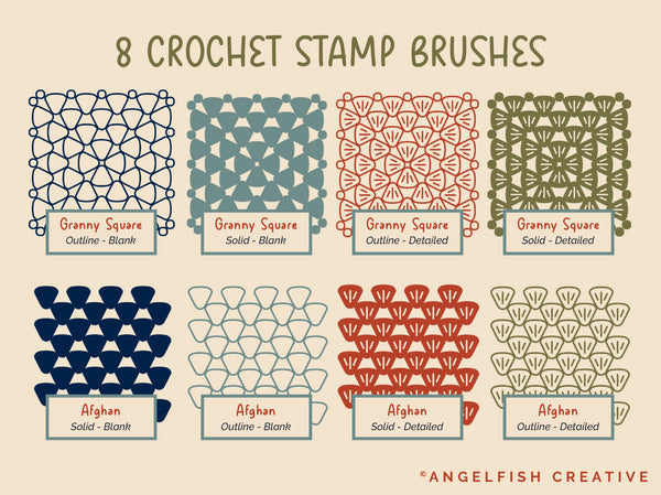 Crochet Brush Set for Procreate | 16 Granny Square, Afghan Crochet Stamp & Pattern Brushes, stamp brushes