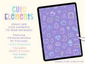 Cute Elements Procreate Brush Set | 110 Kawaii Stamp Brushes, styles featured