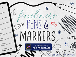 Fineliners, Pens & Markers Procreate Brush Set, inking lineart brushes, title