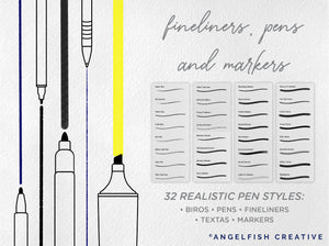 Fineliners, Pens & Markers Procreate Brush Set, inking lineart brushes, realistic pen styles