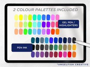 Fineliners, Pens & Markers Procreate Brush Set, inking lineart brushes, included colour palettes