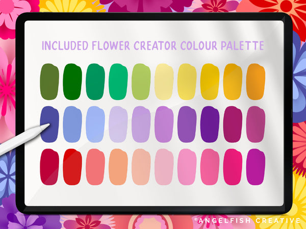 Flower Creator Brush Set for Procreate: botanical floral stamps, colour palette