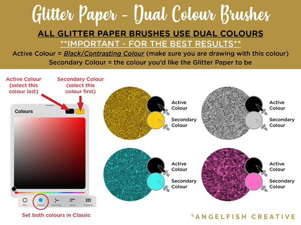 Glitter Paper Procreate Brush Set, 21 glittery texture brushes, dual colour brushes