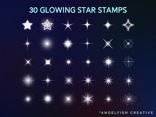 Glowing Stars Brushes for Procreate | shiny glow light sparkle stamp brush set, glowing star stamps