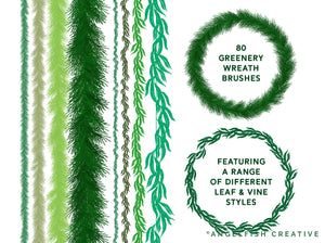 Greenery Wreath Procreate Brush Set, 80 Leaf Vine Brushes, brushes in different colours