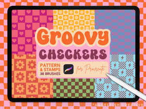 Groovy Checkers Brush Set for Procreate | 38 Checkered Pattern & Stamp Brushes, Retro Daisy Checkerboard, title