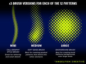 Dynamic Halftone Procreate Brush Set - 36 texture screen dot pattern brushes, 3 brush versions