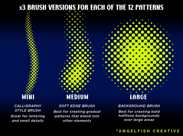 Dynamic Halftone Procreate Brush Set - 36 texture screen dot pattern brushes, 3 brush versions