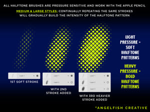 Dynamic Halftone Procreate Brush Set - 36 texture screen dot pattern brushes, light heavy pressure brushes