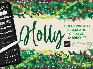 Holly Wreath & Garland Creator Brushes for Procreate | Christmas holiday greenery vine leaves, title