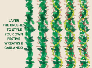 Holly Wreath & Garland Creator Brushes for Procreate | Christmas holiday greenery vine leaves, layer the brushes