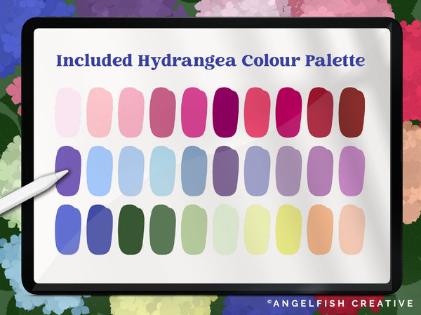 Hydrangea Brush Set for Procreate - Floral Scatter & Leaf Stamp, colour palette
