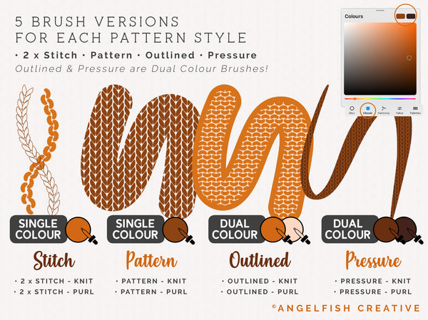 Knit & Purl Procreate Brush, knitting pattern brushes, brush versions