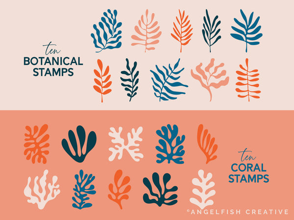 Matisse Shapes, 100 Stamp Brushes for Procreate | cutout abstract boho elements brush set, botanical and coral stamps