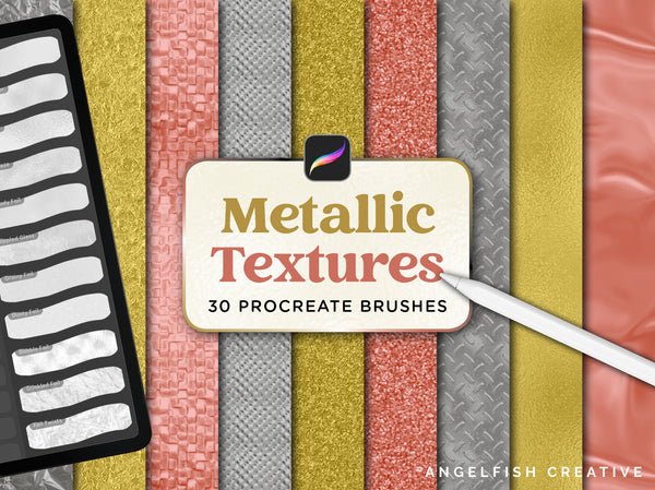 Metallic Textures Procreate Brush Set, 30 foil metal brushes, title
