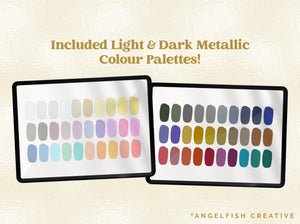Metallic Textures Procreate Brush Set, 30 foil metal brushes, light and dark colour palettes