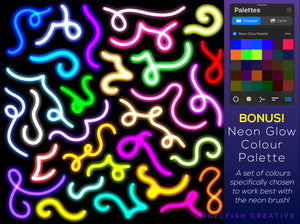 Neon Brush for Procreate | Glowing Light Monoline Lettering Brush, bonus colour palette