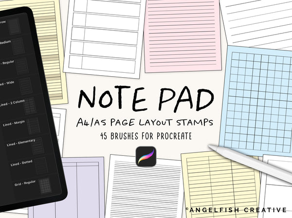 Note Pad Stamp Brushes for Procreate | A4 A5 writing paper page layout brush set, title