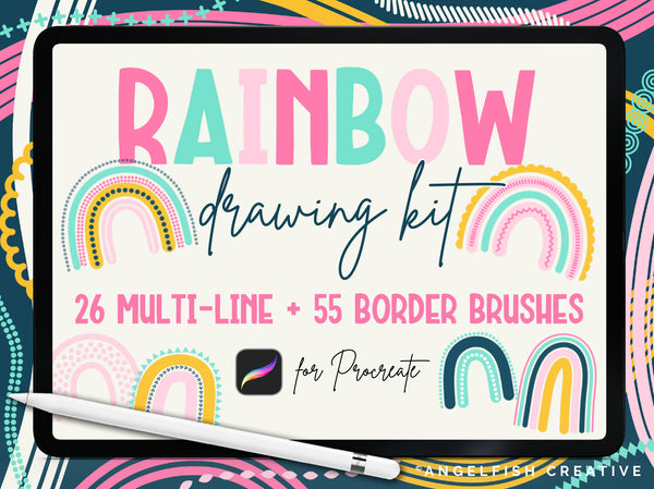 Rainbow Drawing Kit Procreate Brush Set | 26 Multi Line + 55 Border Brushes, title artwork