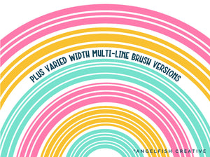 Rainbow Drawing Kit Procreate Brush Set | 26 Multi Line + 55 Border Brushes, varied width brushes