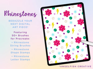Rhinestones Procreate Brush Set, gem diamante shape letter stamps, 50 brushes
