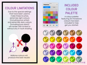 Rhinestones Procreate Brush Set, gem diamante shape letter stamps, colour limitations