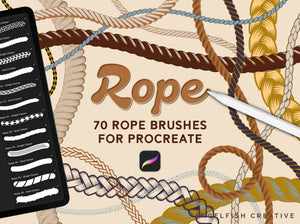 Promotional graphic for the Rope Brush Set for Procreate, showing rope illustrations and a tablet displaying the different brush options, designed by Angelfish Creative.