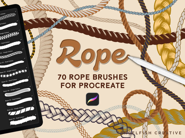 Promotional graphic for the Rope Brush Set for Procreate, showing rope illustrations and a tablet displaying the different brush options, designed by Angelfish Creative.