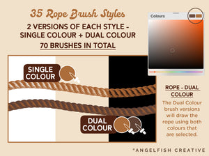 Product description of the Rope Brush Set for Procreate with colour options on a beige background, designed by Angelfish Creative.