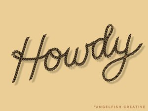 The word 'Howdy' written in rope style lettering on beige background using Rope Brushes for Procreate designed by Angelfish Creative.