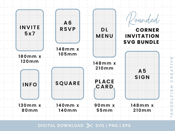 Rounded Corner Invitation Stationery Bundle - SVG, PNG, EPS Cutting Files/Clipart, sizes