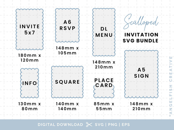 Scalloped Invitation Stationery Bundle - SVG, PNG, EPS Cutting Files/Clipart, sizes
