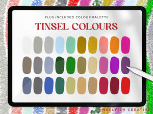 Tinsel Procreate Brush Set: 60 Christmas Garland Brushes, tinsel colour palette