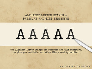 Typewriter Procreate Brush Set | Type Alphabet Letter Key Stamp, Ink & Texture Brushes, pressure and tilt sensitive letter stamps