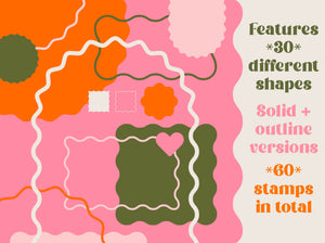 Wavy Shapes Procreate Brush Set | 60 Retro Frame Curved Line Geometric Shape Stamp Brushes, 60 stamps