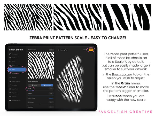 Zebra Print Brush Set for Procreate | 6 Zebra Animal Stripe Print Brushes, pattern scale easy to change instructions