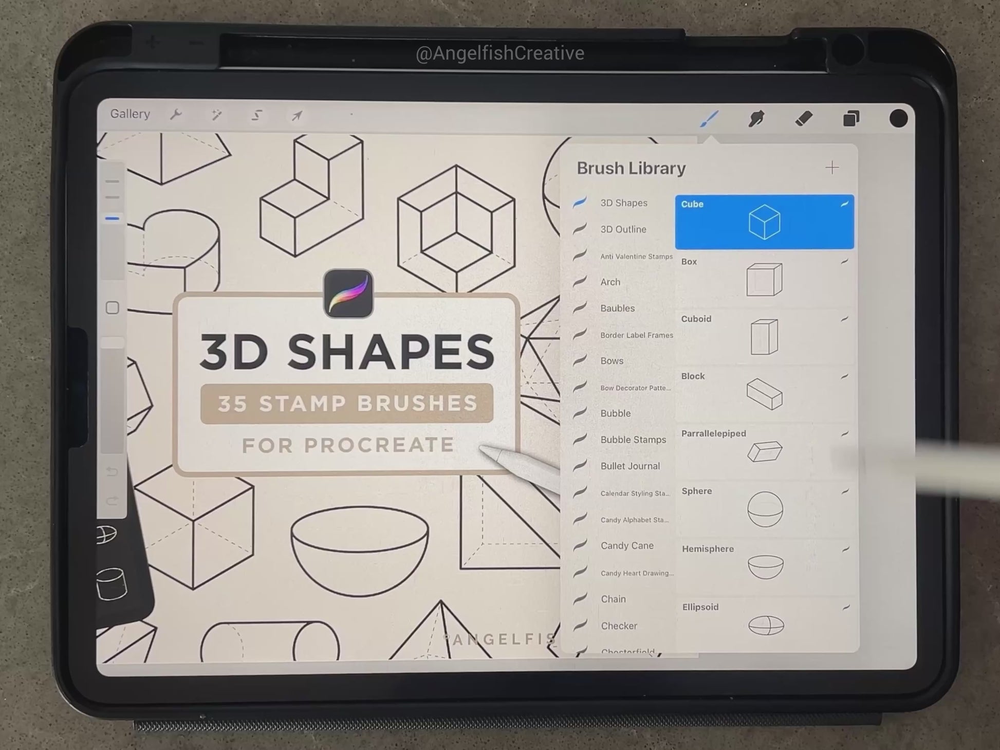 3D Shapes Procreate Brush Set | 35 Geometric Cube Sphere Cone Stamp Brushes, video