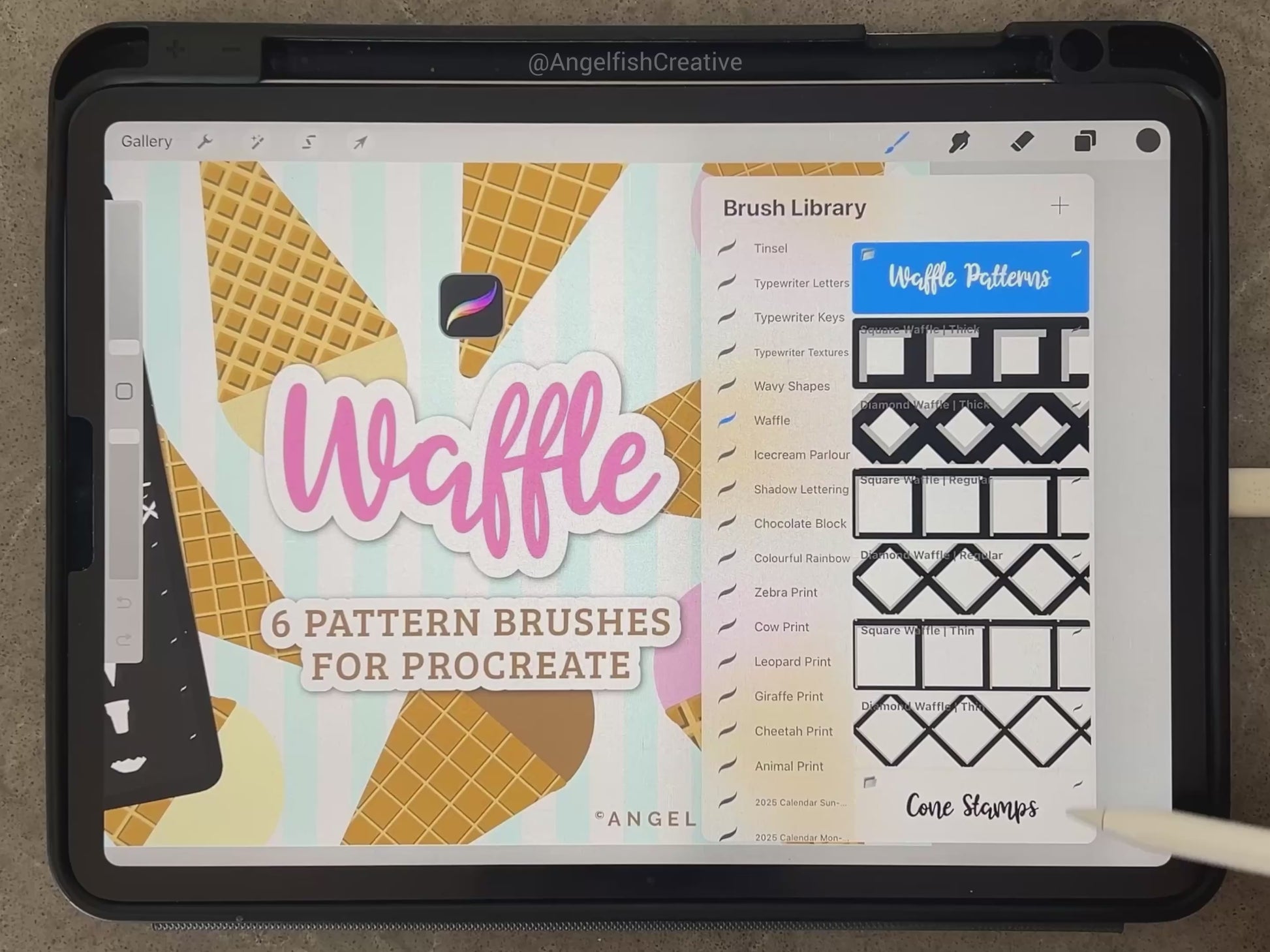 Waffle Pattern Procreate Brush Set | 6 Texture Brushes, square diamond icecream cone, video