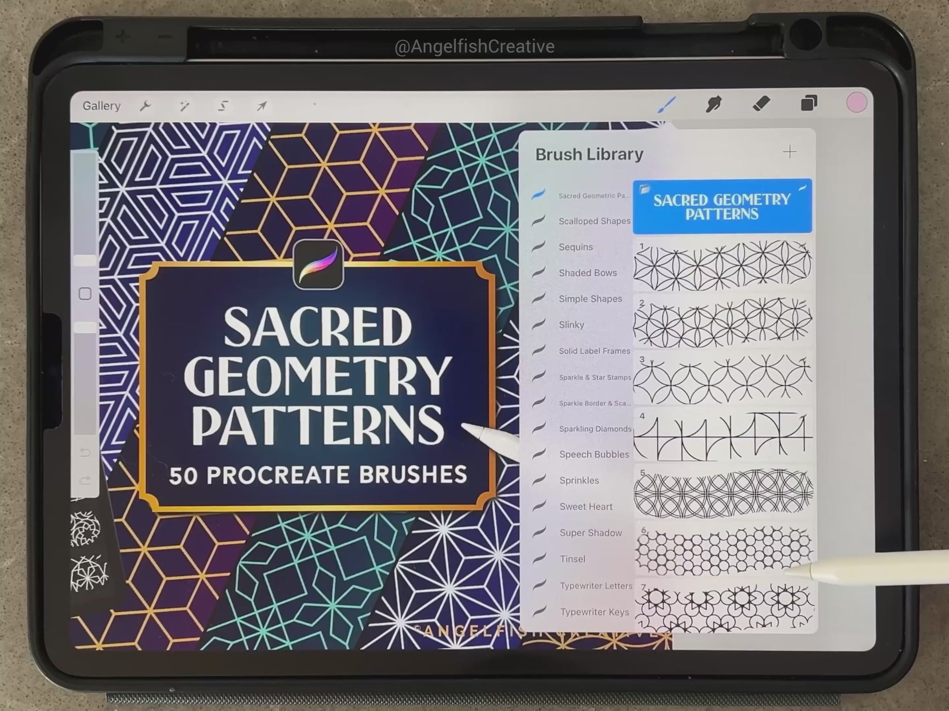 Sacred Geometry Patterns Brush Set for Procreate | 50 seamless line art pattern brushes, video